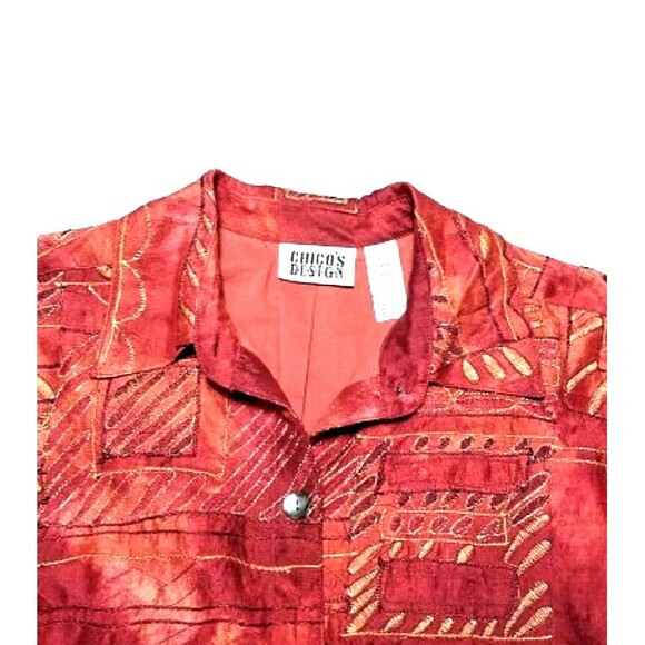 CHICO'S Design Red Silk Button Up Top Sz 1 Gold Embroidered Long Sleeves Jacket - Picture 4 of 8